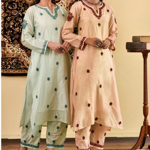 Both colors available Chikankari Chanderi Straight Kurta Set - Picture 1 of 5